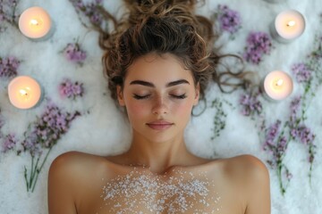 Obraz na płótnie Canvas Beautiful young woman lying with sea salt on her back at spa on white table with tray of candles and aromatherapy tools, top view