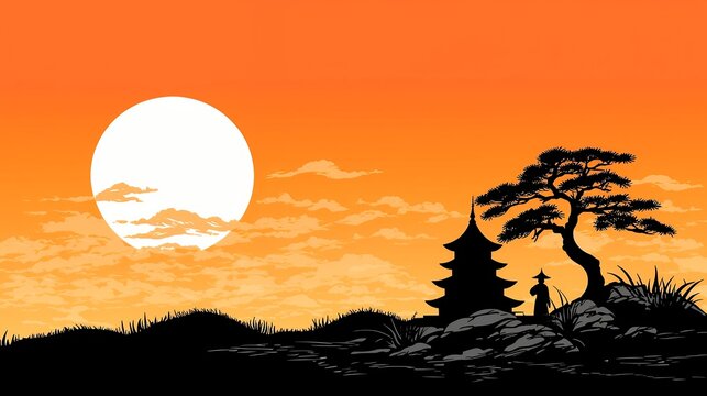 Serene Sunset Silhouette Pixel Art Pagoda Landscape