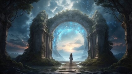 A large, ornate archway adorned with intricate designs and golden foliage opens into a serene,