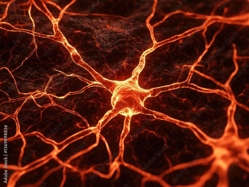 Poster red glowing neuron with branching dendrites on dark background