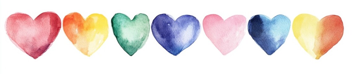 Watercolor hearts in rainbow colors on white background