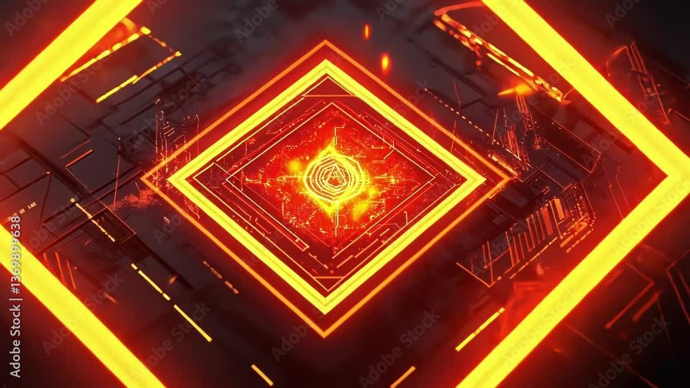 Poster complex network of glowing red circuits safeguarding digital information on a futuristic microchip, 