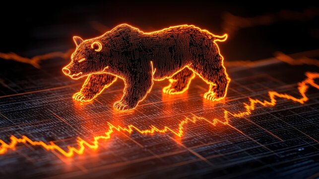 Neon candlestick charts forming into a running bear downtrend, close up, focus on energy in market dynamics, realistic, overlay, backdrop of illuminated trading screens