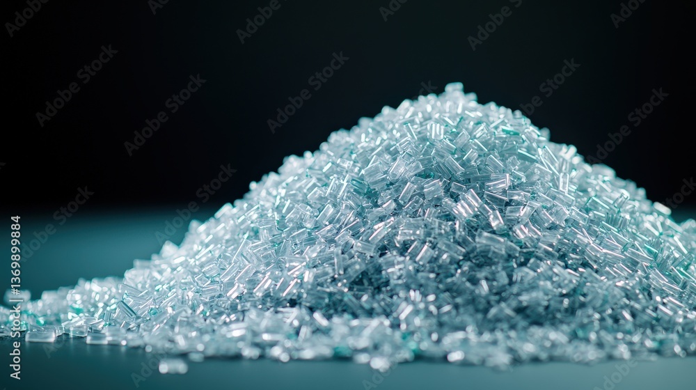 Poster a shimmering pile of translucent glass beads reflecting light against a dark background, creating an