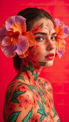 Fototapeta premium A fair-skinned woman with floral face paint large hibiscus, and orchid flowers framing her face gazes body painting concept