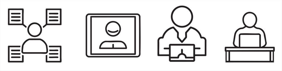 Four simple icons representing communication and digital interaction.