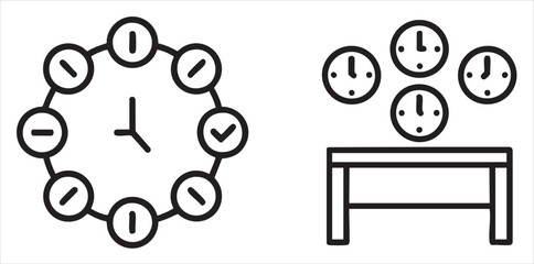 Circular clock design with multiple clocks on a table, emphasizing time management concepts.
