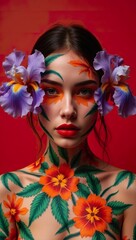A fair-skinned woman with floral face paint large hibiscus, and orchid flowers framing her face gazes body painting concept