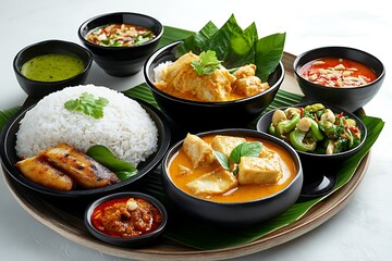 Thai cuisine featuring fish curry, rice, vegetables, and dipping sauces on a wooden tray