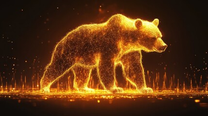 Abstract golden candlestick charts merging into the form of a glowing bear downtrend