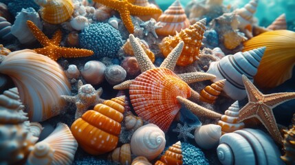 A playful and vibrant scene of seashells and starfish arranged on a black background. 
