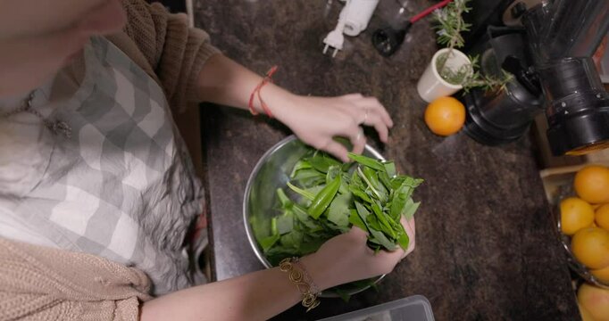 A young woman is blending a wild bear garlic in a kitchen