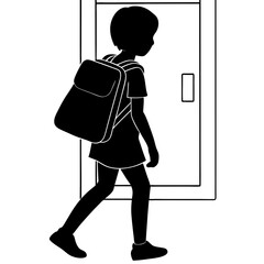 A silhouette of a student carrying a heavy backpack, walking through a school hallway 