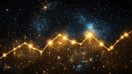 Golden stock trendlines rising against a starry night background, copy space, focus on longterm growth, whimsical, silhouette, backdrop of cosmic patterns