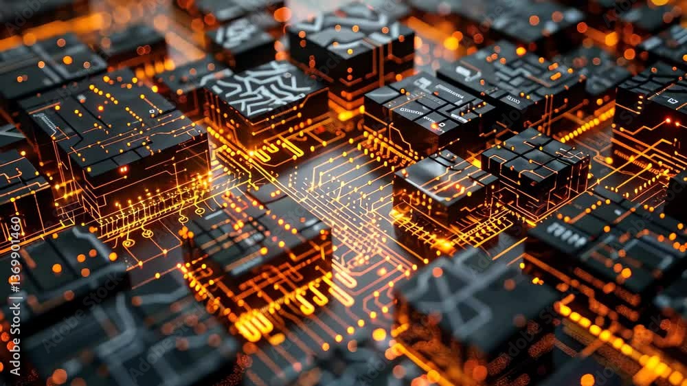 Poster this visual showcases a detailed circuit board featuring numerous microchips, illuminated by bright 