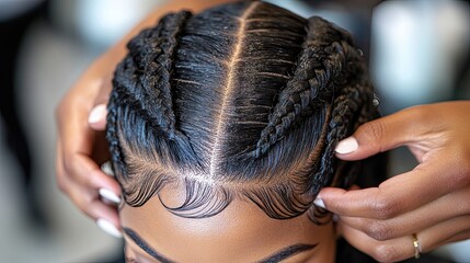 Naklejka premium Hairdresser making french braids to customer in a hair salon