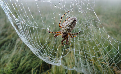 Spinne im Netz auf Feld mit Tautropfen
