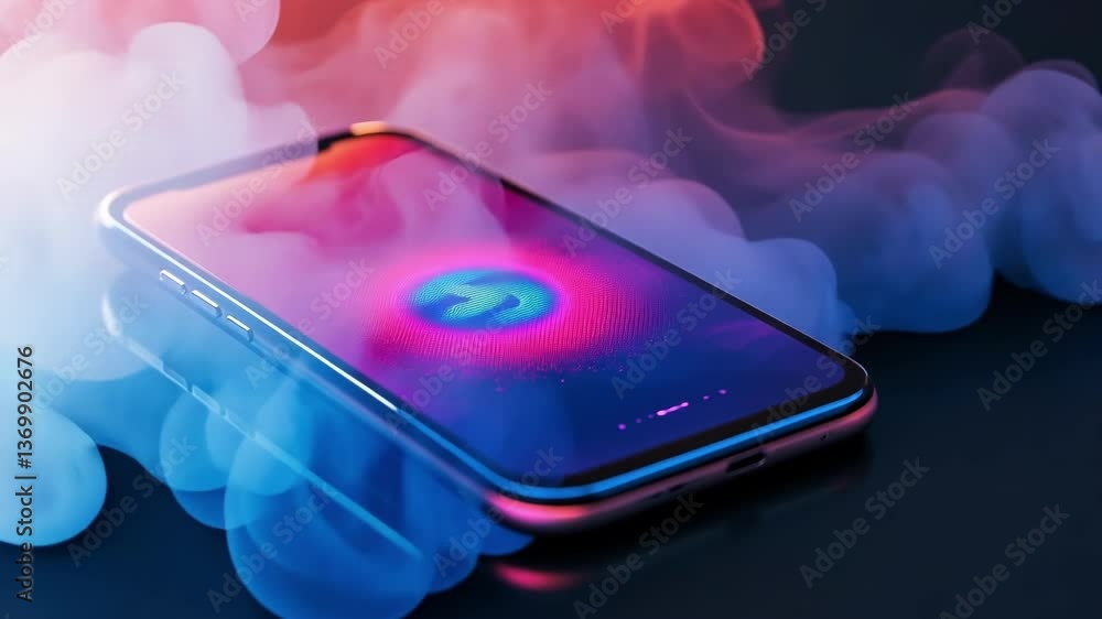 Poster modern smartphone is displaying fingerprint sensor authentication process with futuristic glowing cl