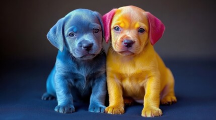 A realistic 8K image of two small, vividly colored dogs