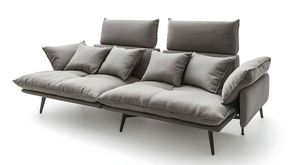 A gray couch with pillows and a black frame