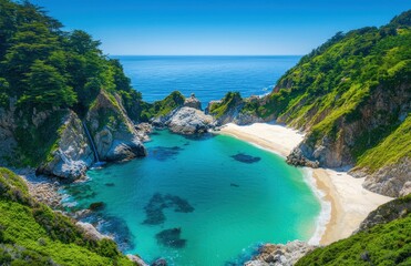 Serene Coastal Landscape with Clear Water and Green Cliffs