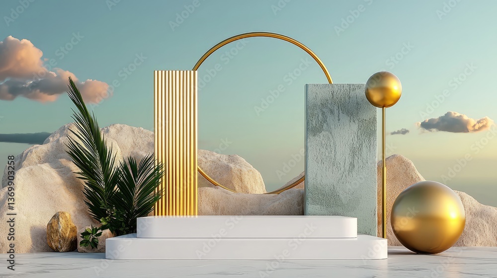 Poster high-end product stage featuring a white podium in a soft gray 3d-rendered abstract environment.