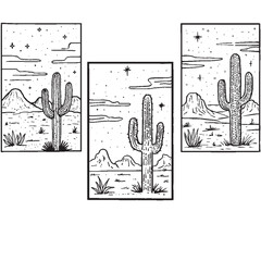 black and white cactus desert drawing. Perfect for coloring, tattoos, or design inspiration. Scenic line art featuring mountains, cacti, and starry skies.