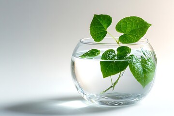Fresh green leaves in glass bowl filled with water creating a serene and calming environment