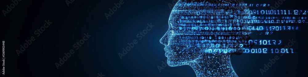 Poster artificial intelligence. digital circuit head profile with information flow on dark background.