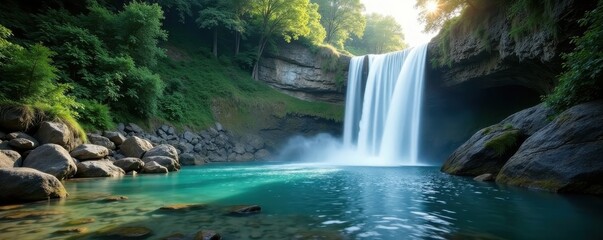 Fototapeta premium Misty waterfall plunges into pristine pool Serene rock cliff, tranquil nature , moss, fresh