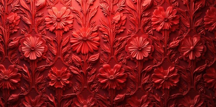 Intricate red damask floral wallpaper close-up, red, acanthus