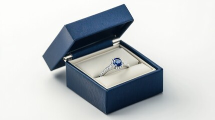 Elegant navy blue open jewelry gift box with a sapphire ring inside, on a clean white background.