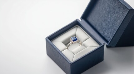 Elegant navy blue open jewelry gift box with a sapphire ring inside, on a clean white background.