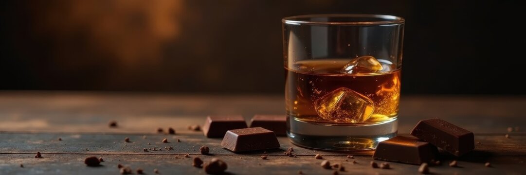 Dark wood bar, whiskey glass, chocolate squares, indulgence, delicious