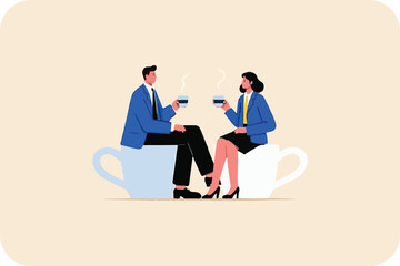 Business Couple Drinking Coffee, Sitting on Giant Cups, on Soft Beige Background, Ideal for Break and Collaboration Graphics