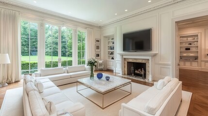 Fototapeta premium Elegant Modern Living Room with Large Windows and Cozy Design
