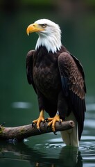 Fototapeta premium Bald eagle with fish, perched on branch, near water , freedom, powerful, branch