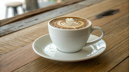 cup of coffee on wooden table. Cappuccino with Heart Latte Art.