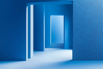 Blue abstract architectural corridor with doorways and light, modern design, architecture