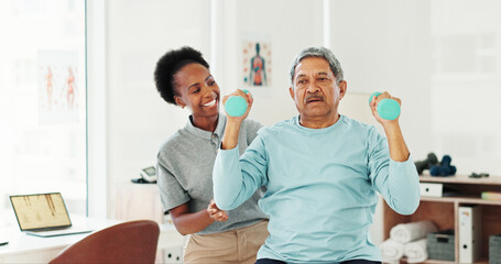 Dumbbells, physical therapy and mature man in office for consultation with muscle recovery. Clinic,...