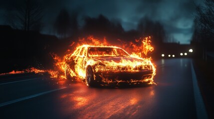 burning car on speedway, front view, daylight