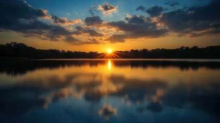 Obraz premium The lake provided a perfect reflection of the sunset