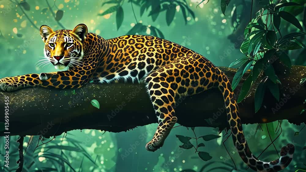 Poster the leopard lounges on a sturdy tree branch, blending seamlessly with its surroundings in the dense 