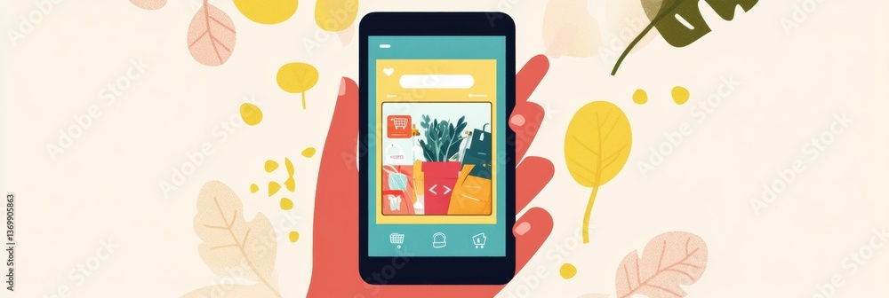 Poster Modern flat illustration of a hand holding a smartphone displaying a grocery delivery app interface with a vibrant background Generative AI