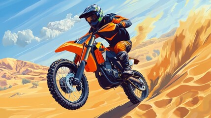 Fototapeta premium Motocross Rider Speeding Through The Desert Landscape On An Orange Bike. Adventure And Thrill In The Sand Dunes.