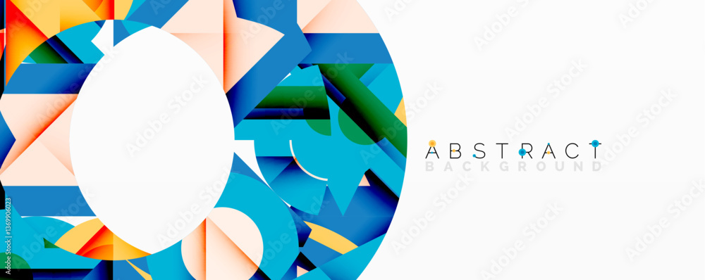 Poster Abstract geometric composition with interlocking circular and angular shapes, featuring smooth gradients and sharp contrasts on a white background