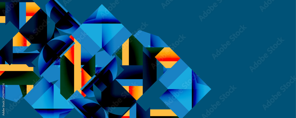 Poster Circles, semi circles, squares and round triangles. Geometric mosaic style pattern abstract background for wallpaper, banner, backdrop, card, book Illustration, landing page