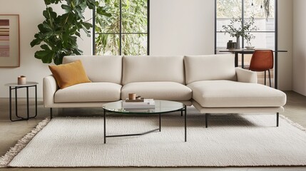 Fototapeta premium Modern Minimalist Living Room with Stylish Sofa and Glass Table