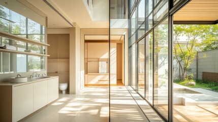 Fototapeta premium Modern bathroom with large windows overlooking garden. Interior design