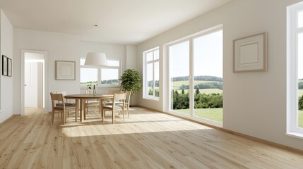 Fototapeta premium Modern Minimalist Dining Room with Natural Light and Scenic View